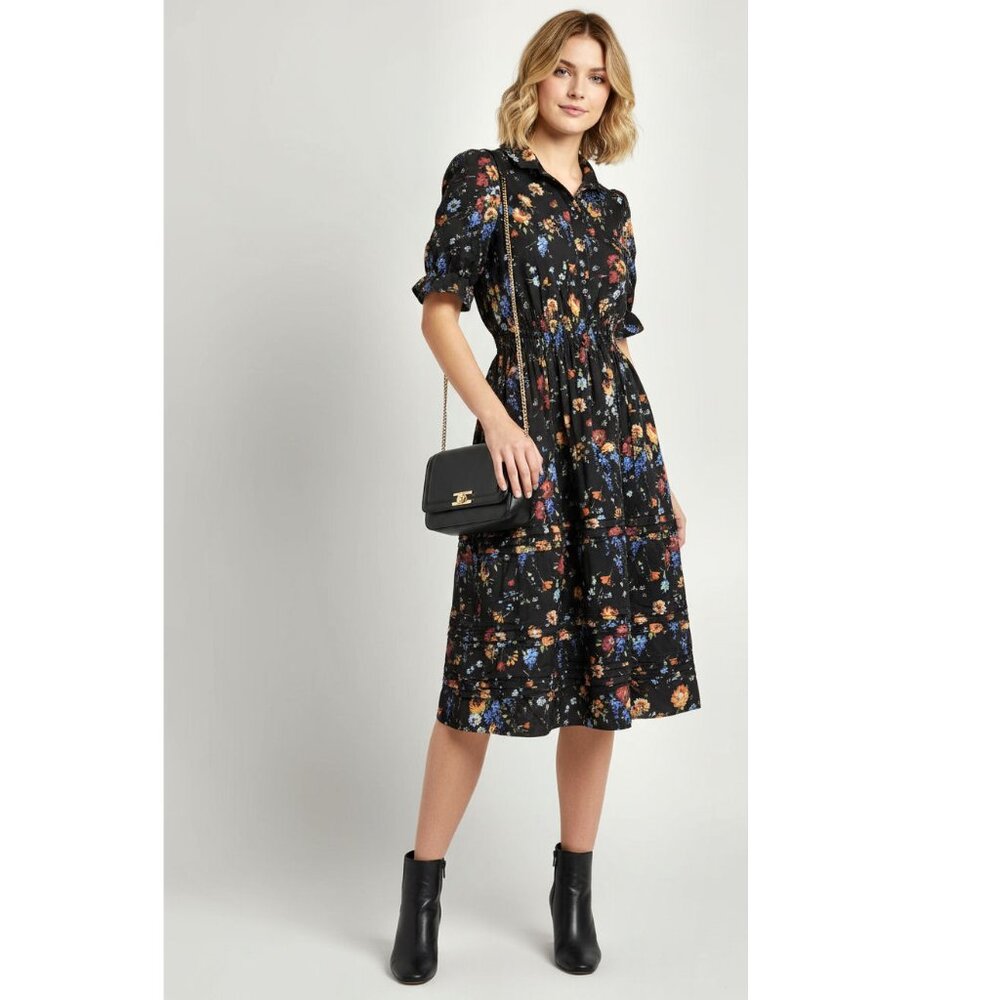 Adam Lippes Black Multi-Floral Print 100% Silk Shirtdress, Womens Size 2